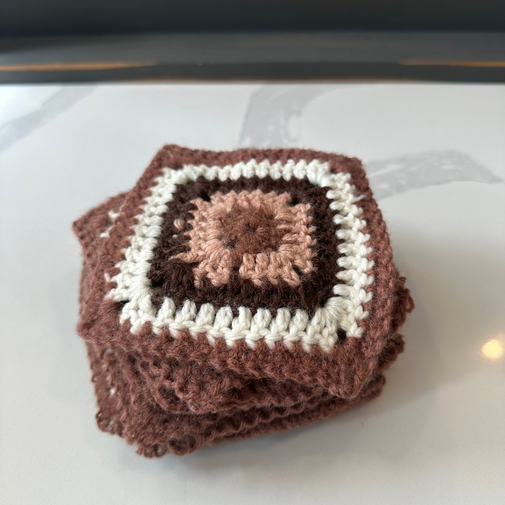 12 Piece Handmade Crochet Granny Squares Brown Tan Cream DIY Craft Supplies
